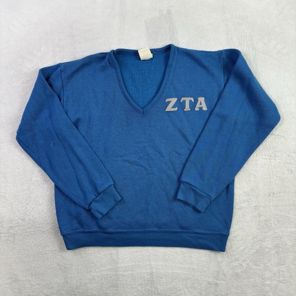 VTG Bassett Walker ZTA Zeta Tau Sorority  Blue LS V-Neck Sweater Women's Medium